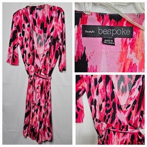NWOT Bespoke 3/4 sleeve abstract pink black wrap around midi dress sz 14